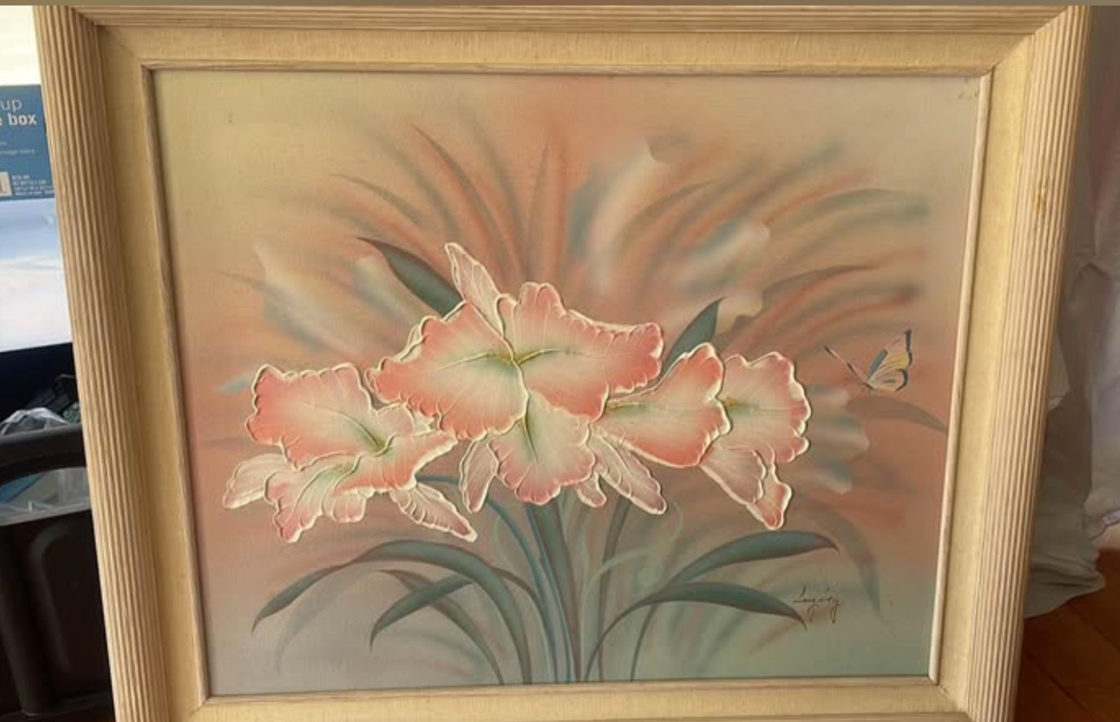 Vintage Langley Oil Acrylic On Canvas Impasto Painting 1980 Pink Iris Butterfly