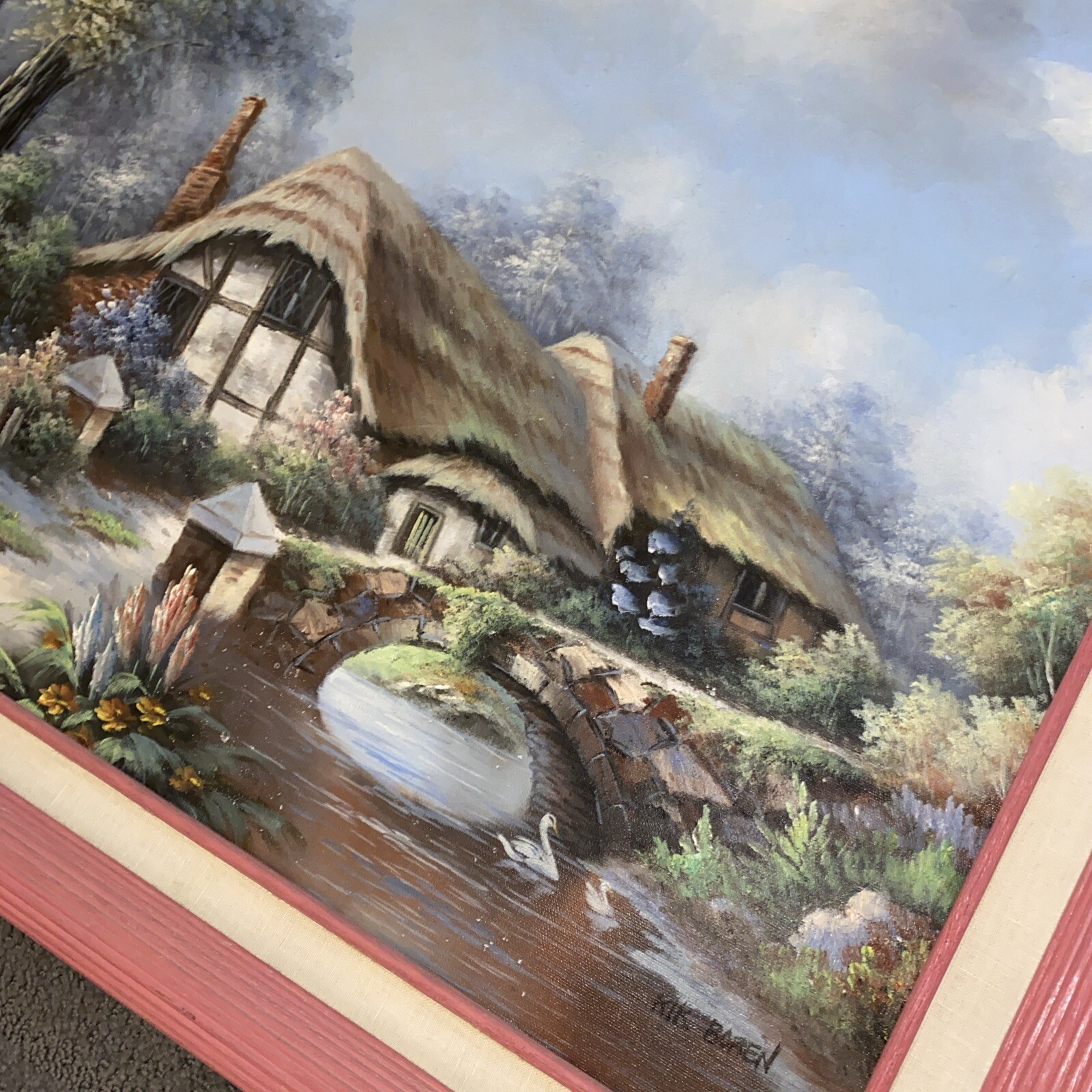 Vntg Oil Painting Cottage Scene by Rik Boren Signed Canvas Framed 29” X 25” Rare