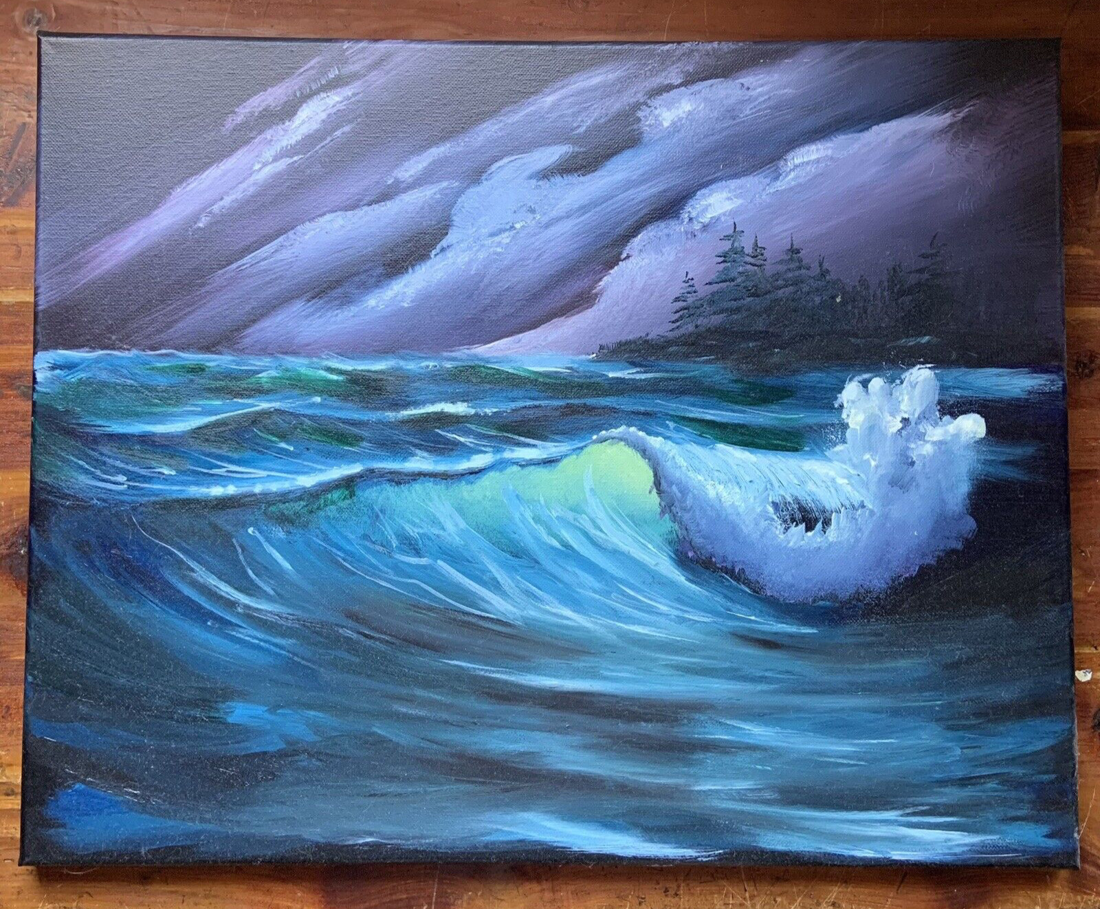 Original Painting Black Seascape Stormy ocean beach 16×20 (Bob Ross Style)