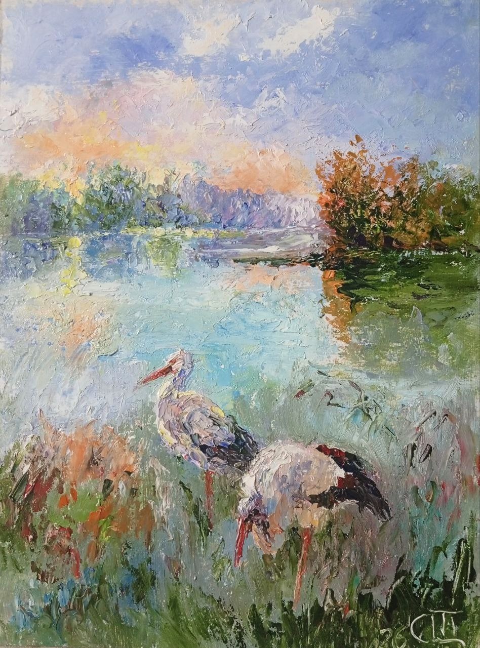 Painting «Storks». Oil on hardboard. 7×9 inc. Handmade. 2026. Unframed.