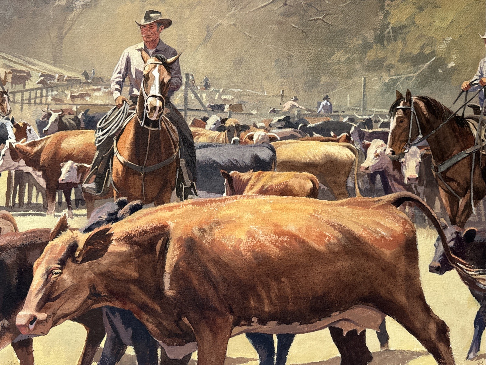 VINTAGE COWBOY PAINTING WESTERN RANCH COWBOYS FARM FARMING AMERICAN COWS