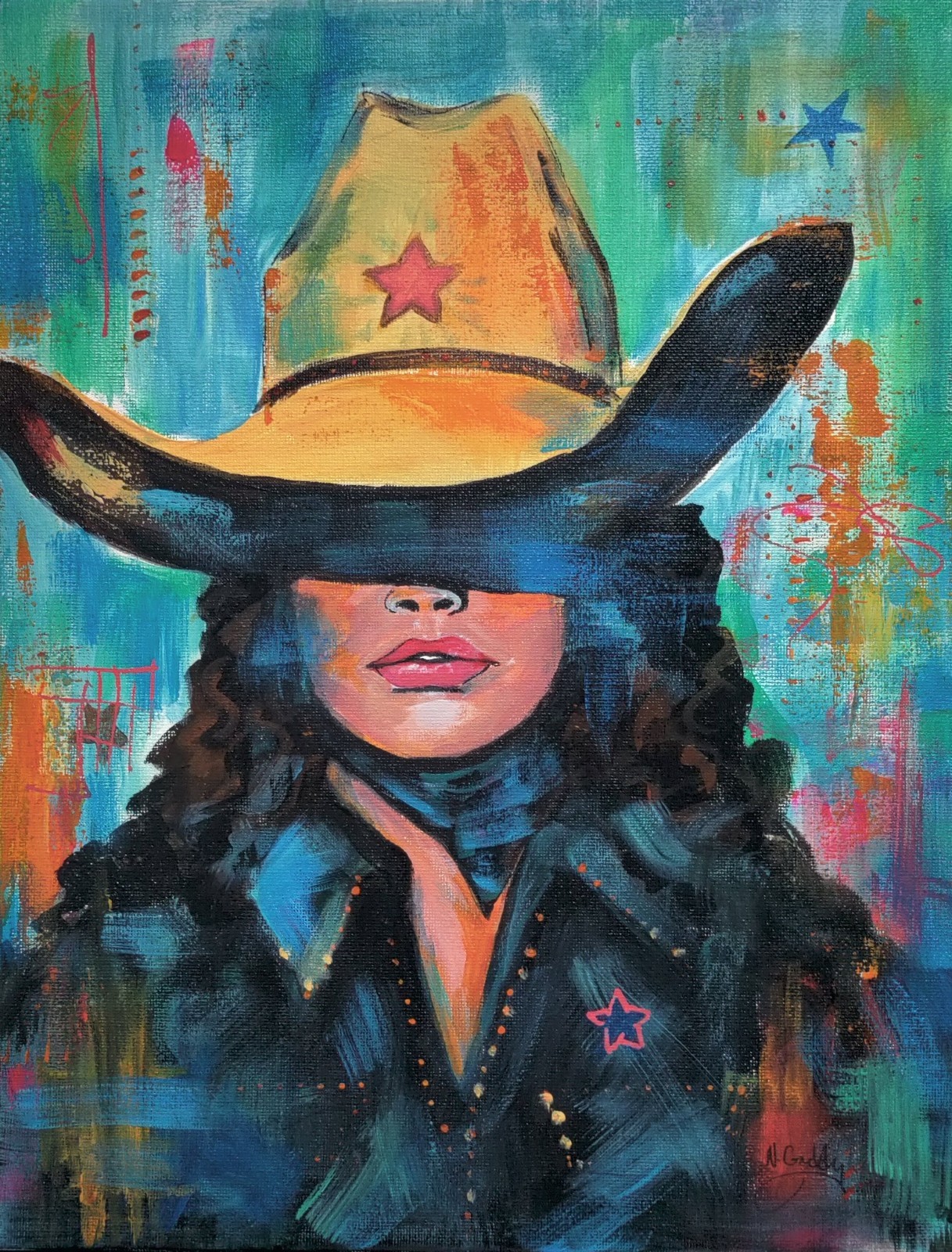 Original 11 x 14 Abstract Expressionism Cowgirl Acrylic Canvas Painting