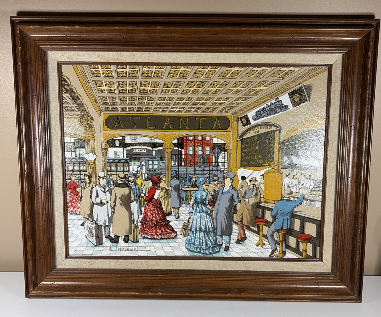 Wooden Frame Wall Art Piece by H. Hargrove ATLANTA TRAIN STATION Oil Certified