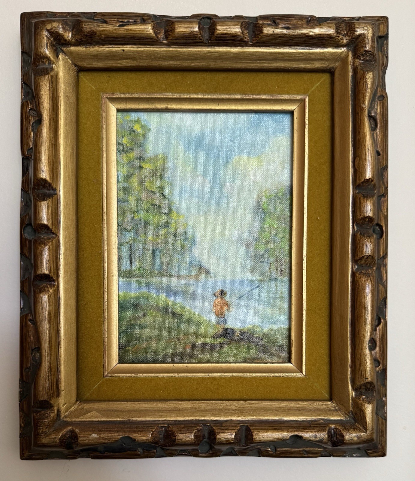 Original Oil Painting Small Signed Gilt Frame Wall Art Boy Fishing Landscape