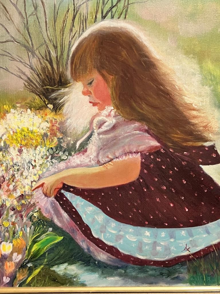 Portrait Oil Painting Young Girl in Dress Landscape with Flowers Original Art