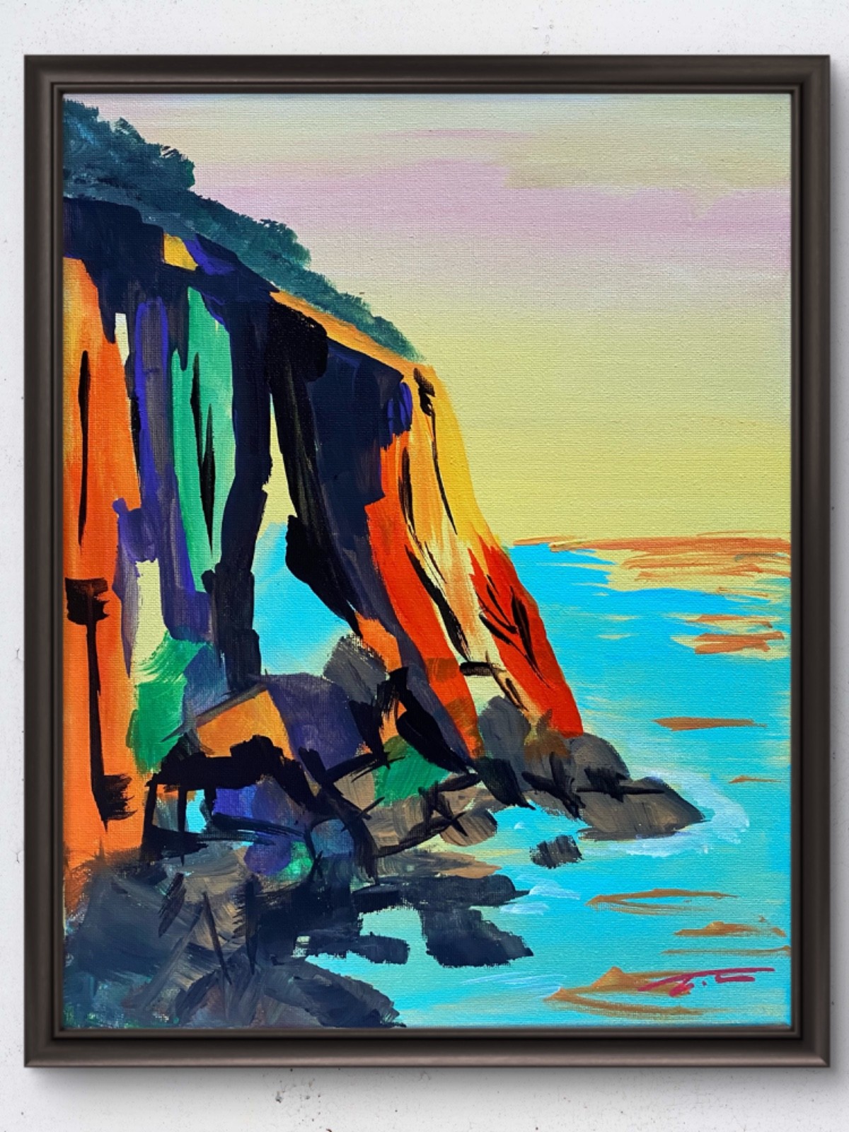 Fauvism Cliff Rock Coastal Scene Abstract Colorful Original Art 14×11 Canvas