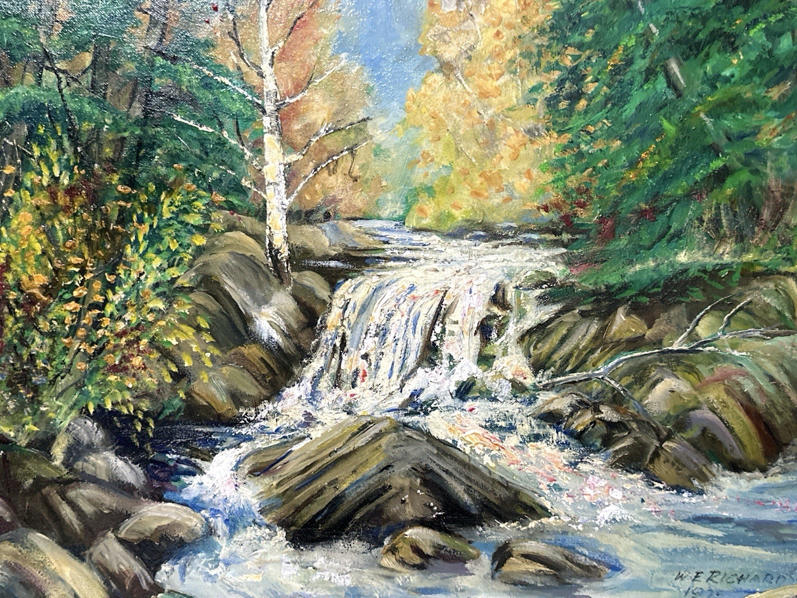 W.E. Richardson Original Oil Painting Waterfall Landscape 1975 Rustic 24×20