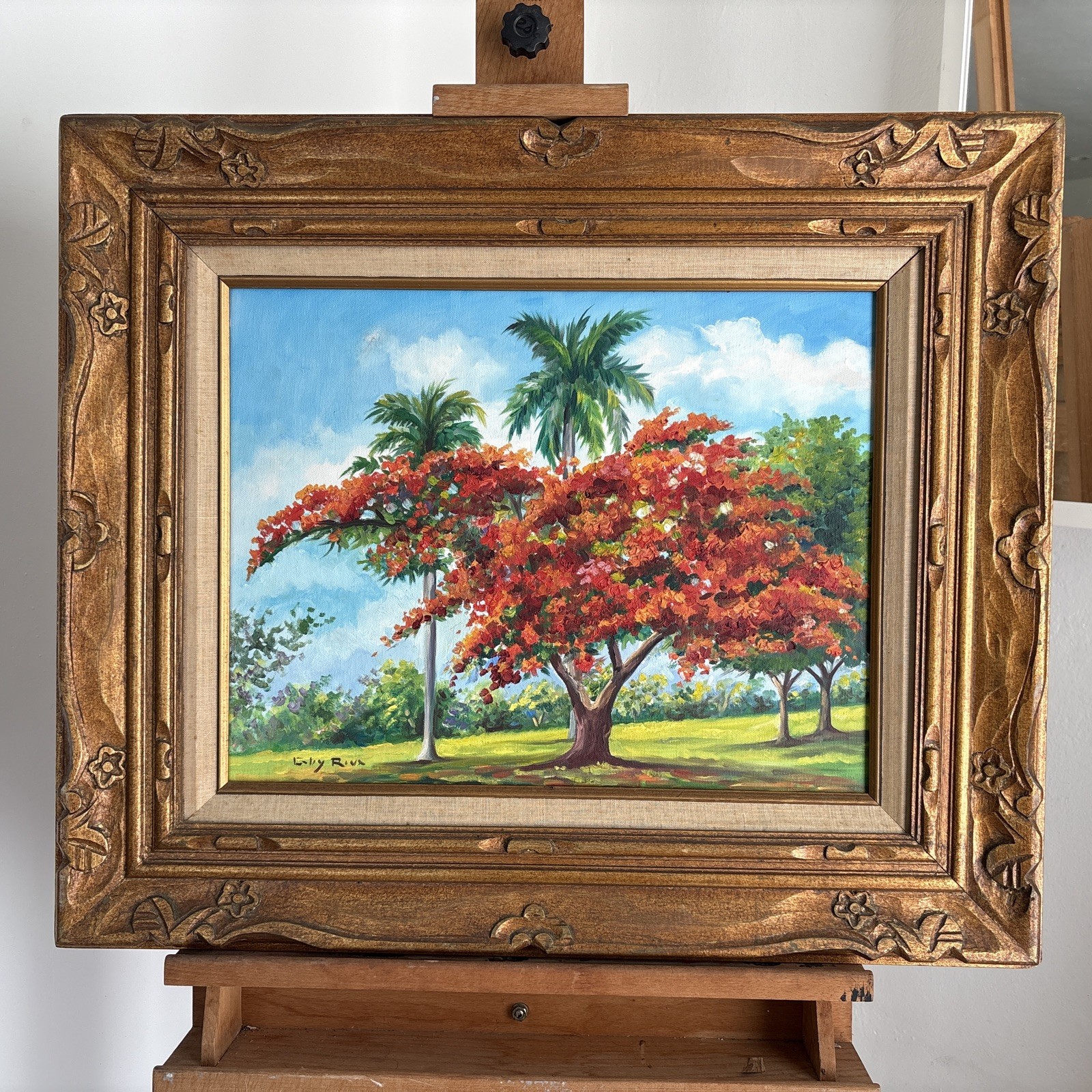 Gaby De La Riva Landscape Painting Flamboyant Tree Cuban Royal Palm Cuba Vintage