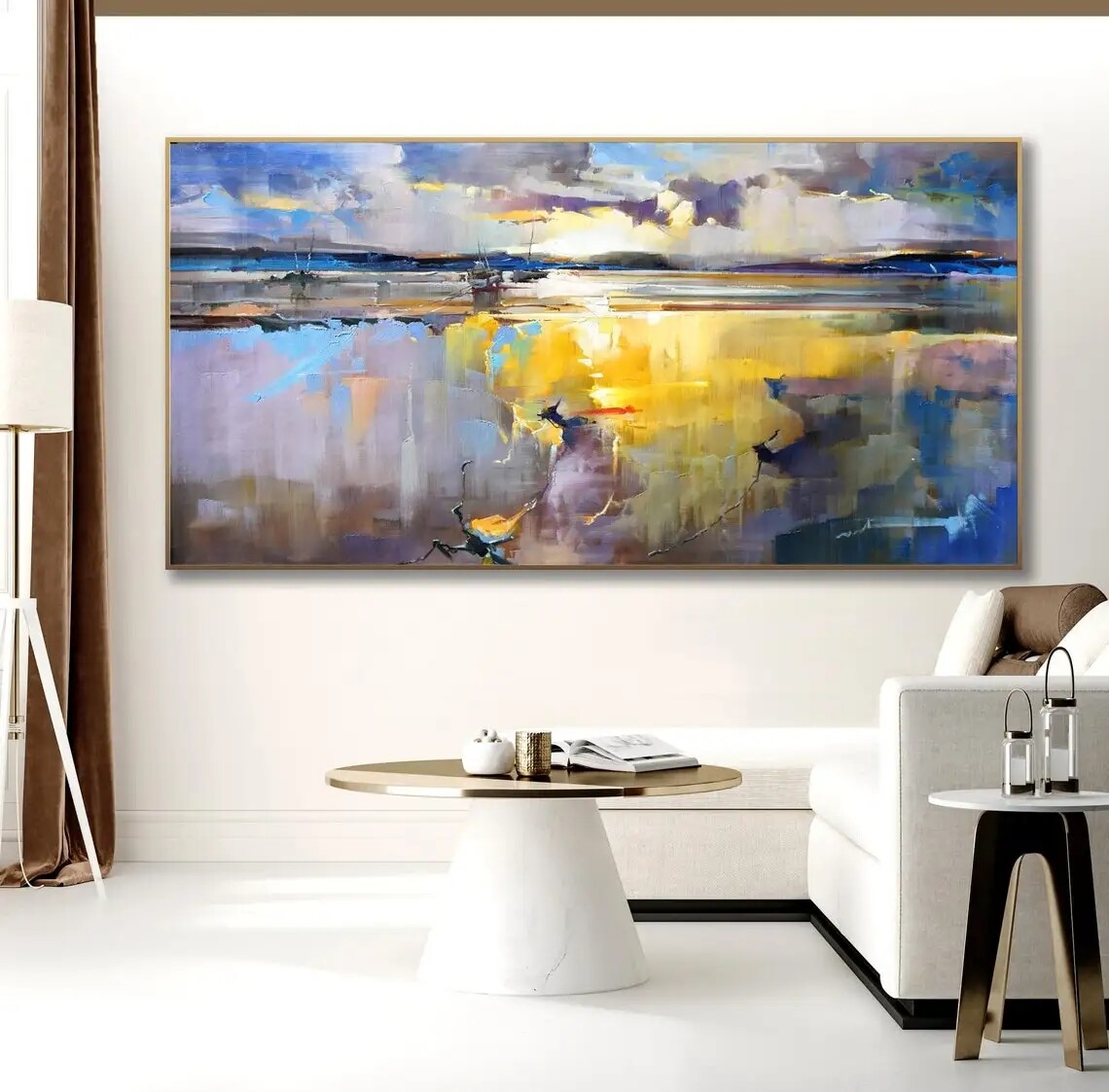 Seascape Art Dawn Oversize Panoramic Colorful Sea Daylight Handmade Oil Painting
