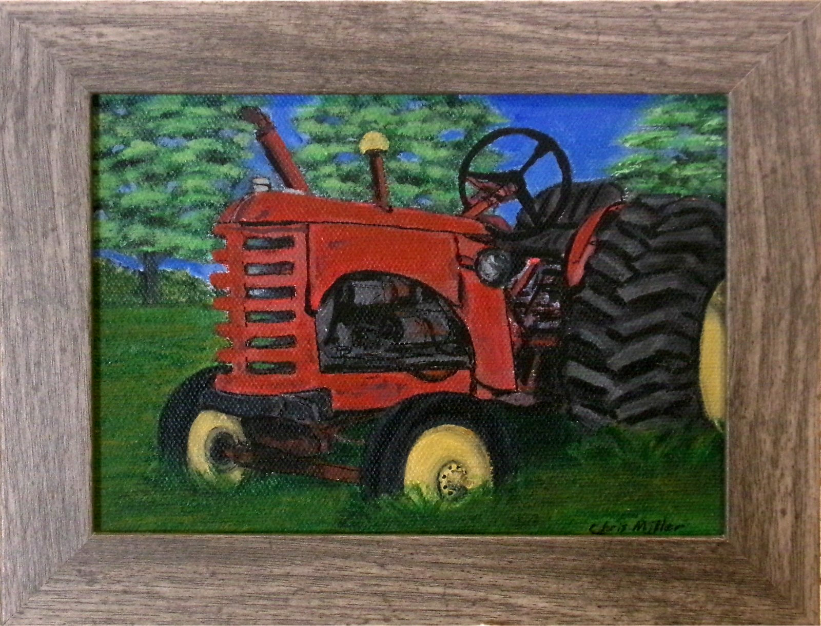 Original Painting Old Farm Tractor 6×8 Framed Signed Rustic Folk Wall Art Decor