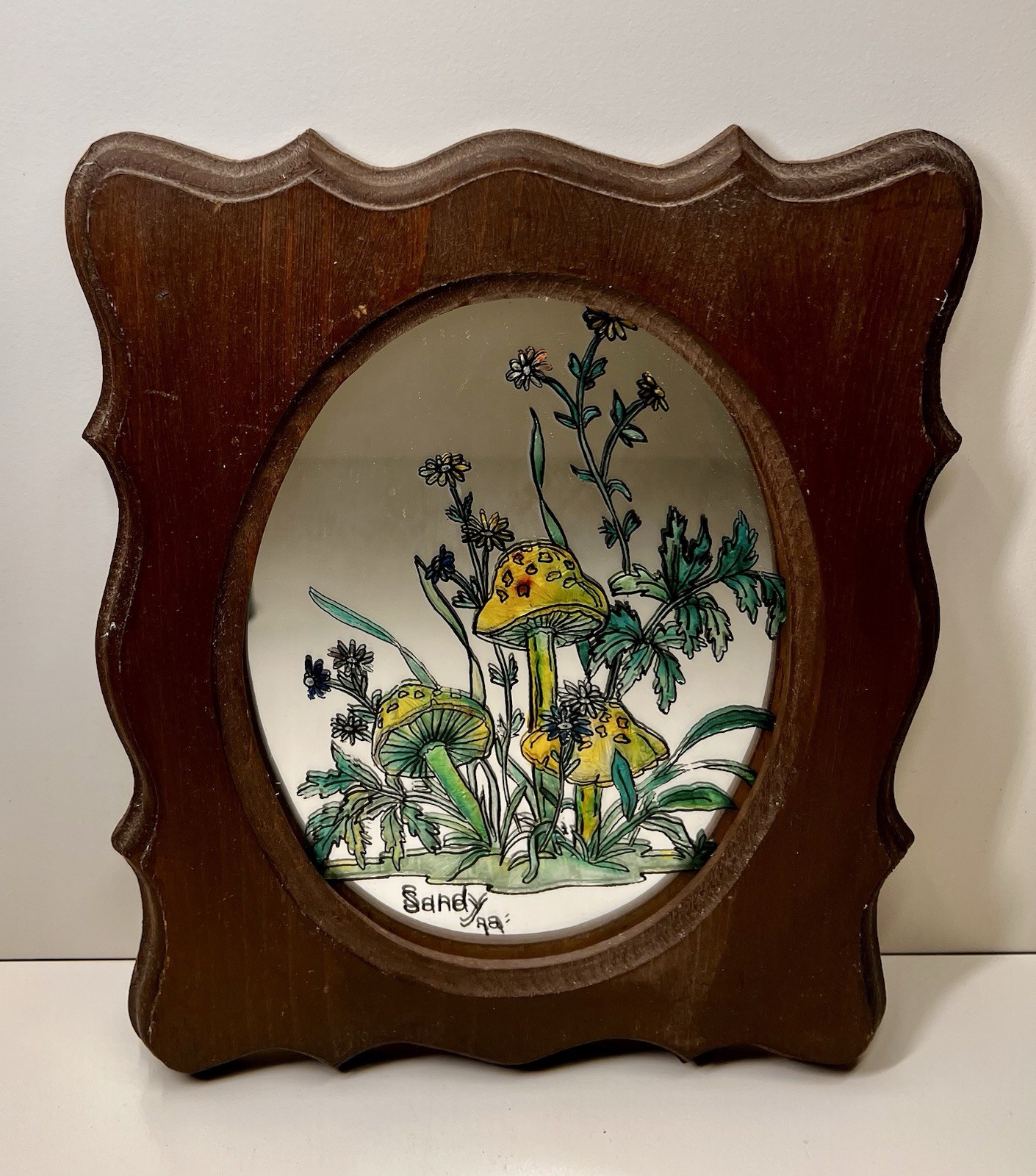 Vintage Hand Painted Glass Mirror Mushroom Art Signed Sandy 1979 Wood Frame