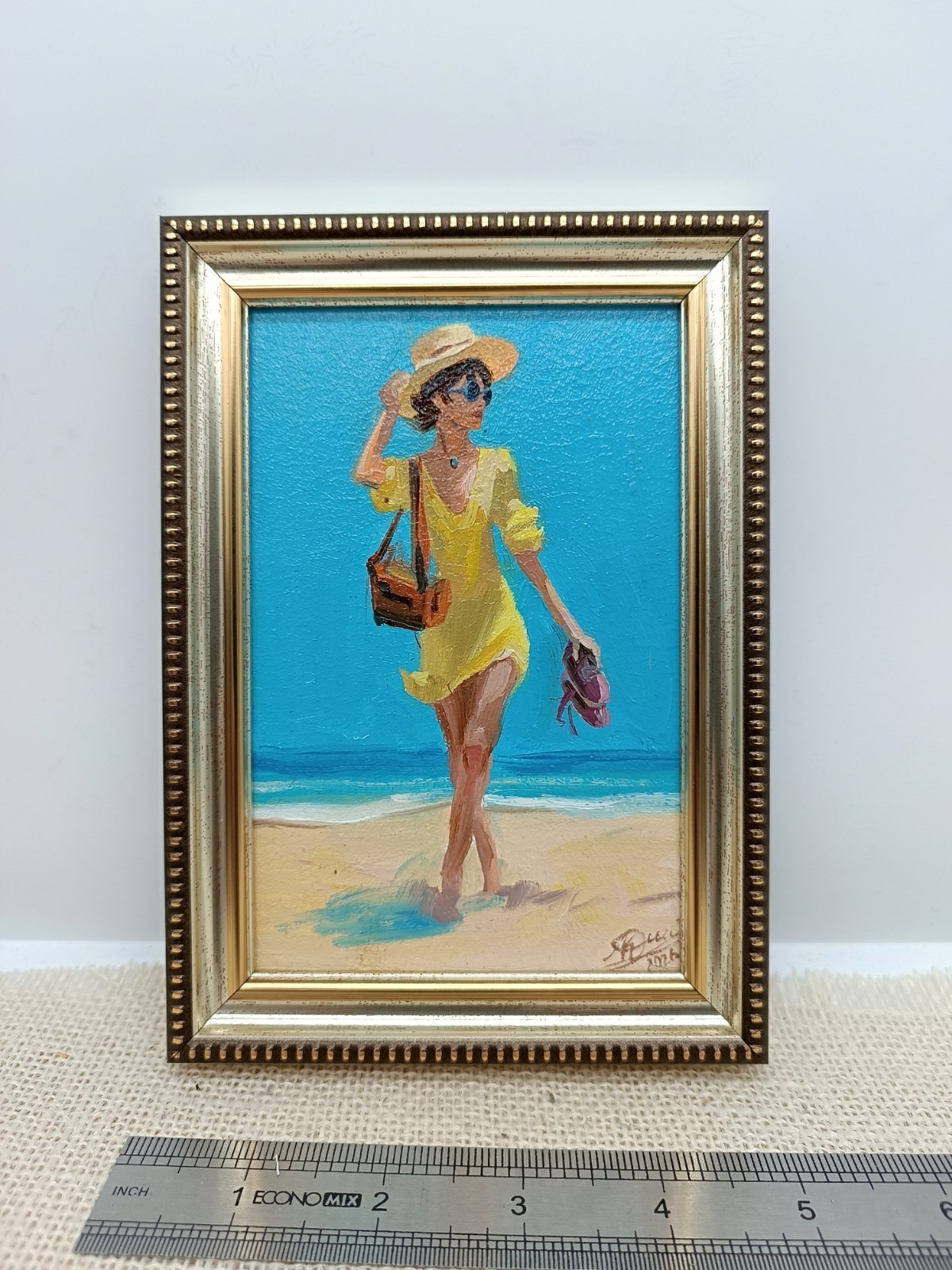 Beach Girl Original Oil Painting 4×6 Framed Signed Woman Sea Beachfront Art