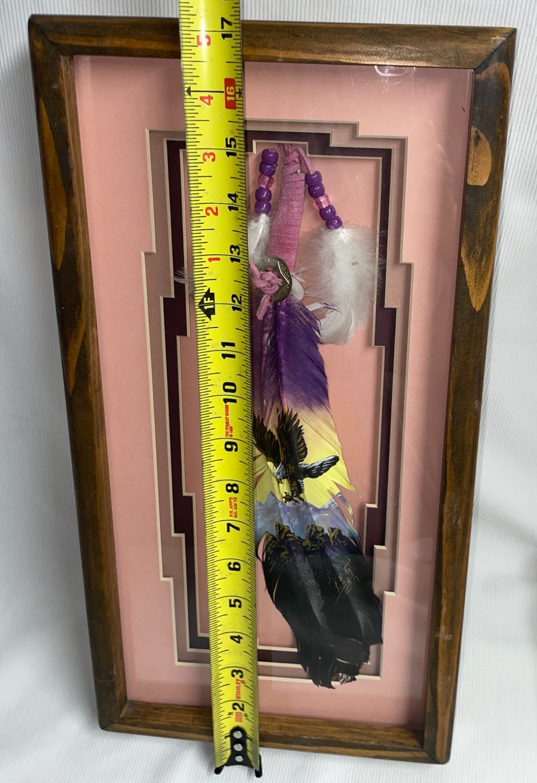 Hand Painted Flying Eagle On Turkey Feather W/ Leather Strips & Plastic Beads
