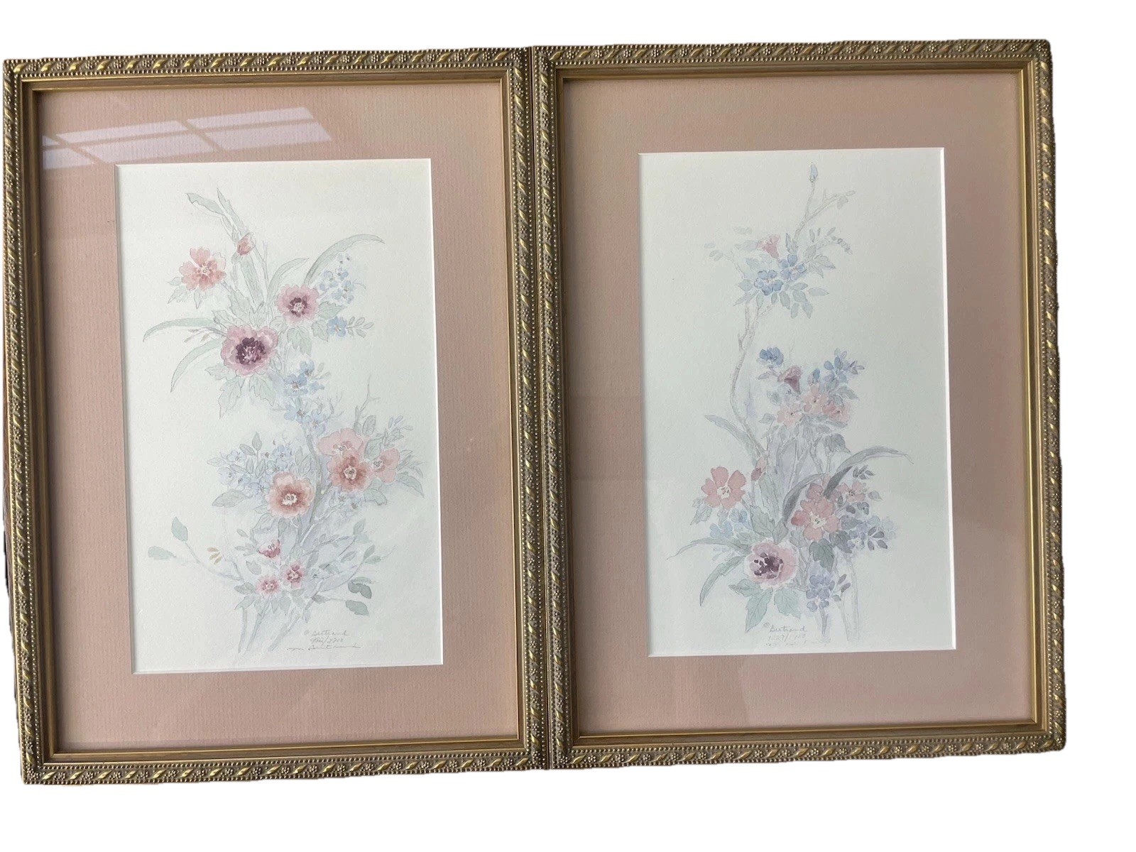 Set of 2 Floral Gold Framed Litho Limited Prints Mary Vincent Bertrand Wall Art