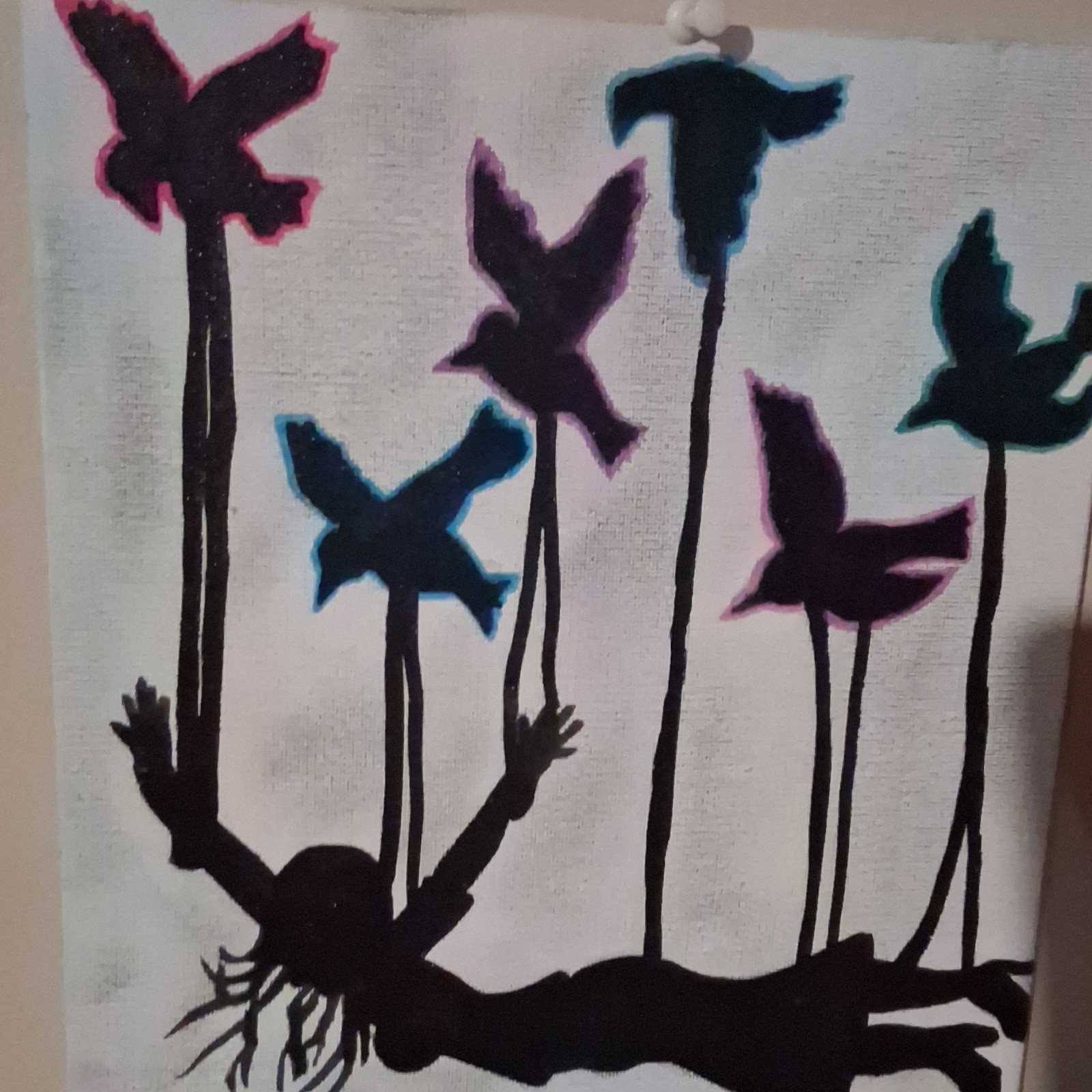 Original Handmade Acrylic Painting Silhouette Person with Birds on Canvas