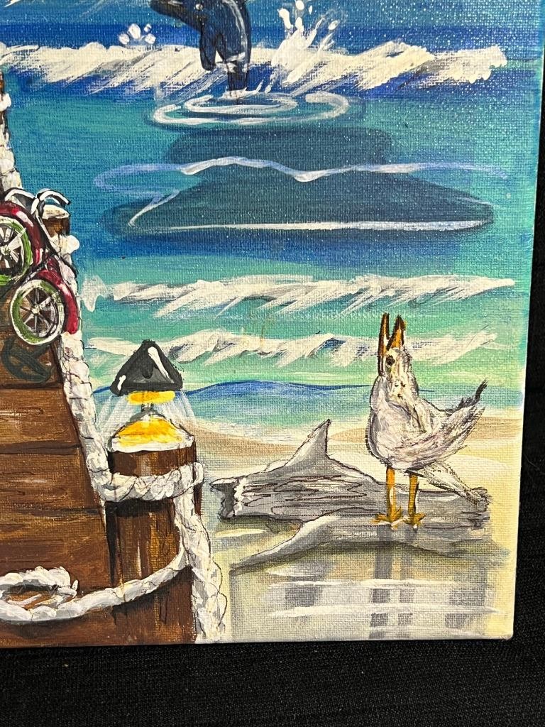 Vintage Nautical Beach Coastal Landscape Painting Seagulls Boat Dock Palm Trees