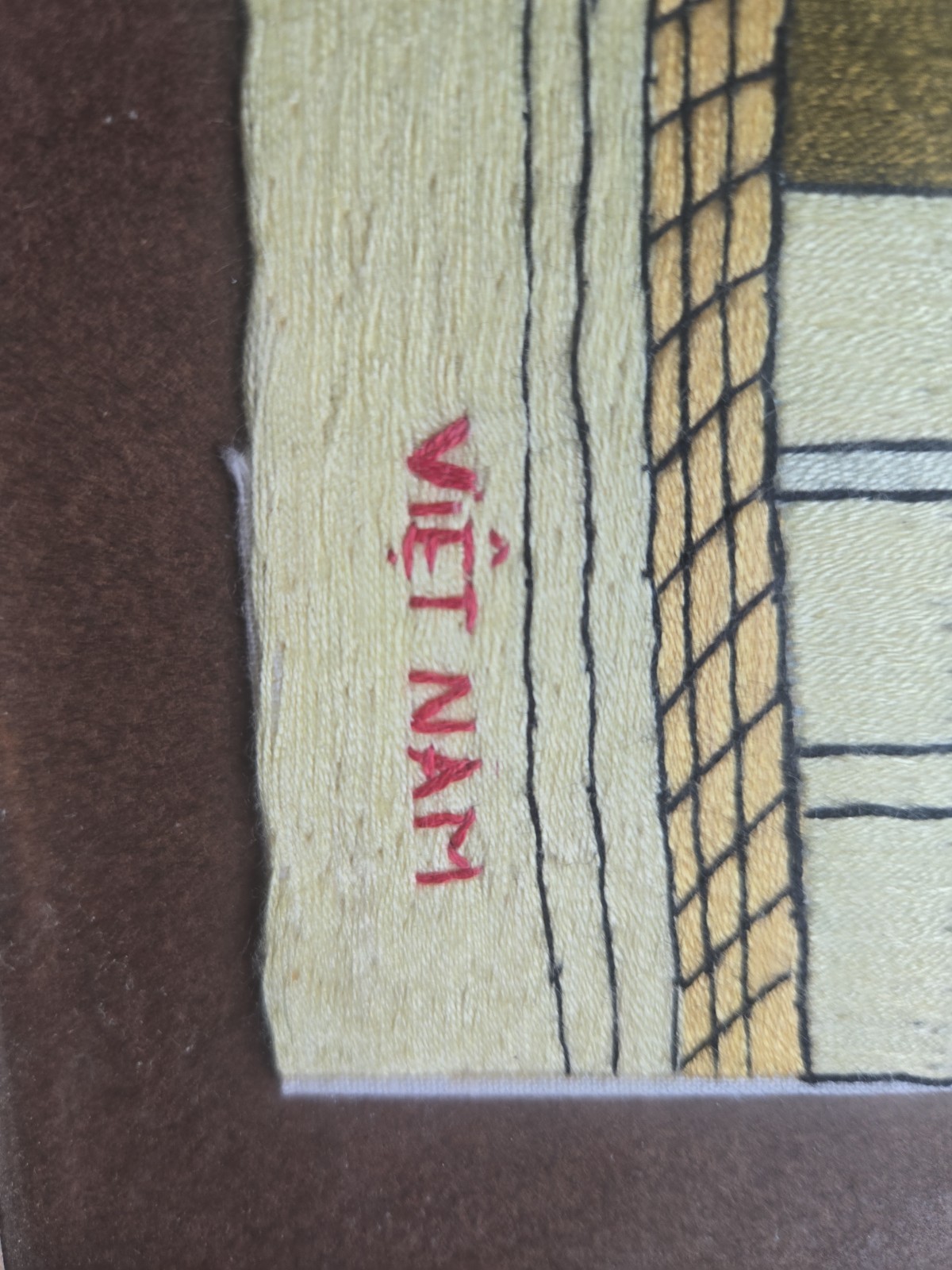Vintage Hanoi Vietnam framed Sewn Silk Fabric Framed Art 10.5×8.5 Village