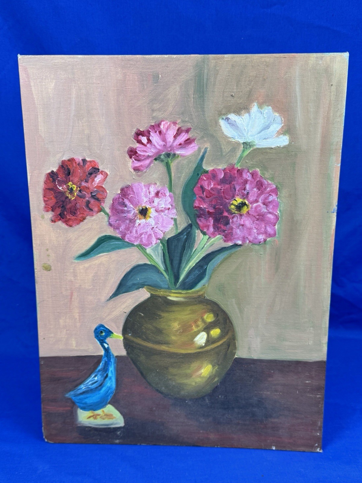 C.1965 Oil on Canvas Board STILL LIFE 16″ x 12″ Flowers in Vase & Bird