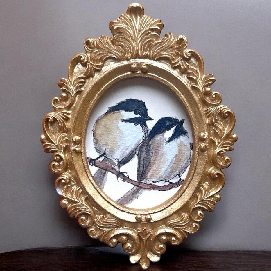 mini paintings & prints in vintage style ornate frame, mini art, birds & animals