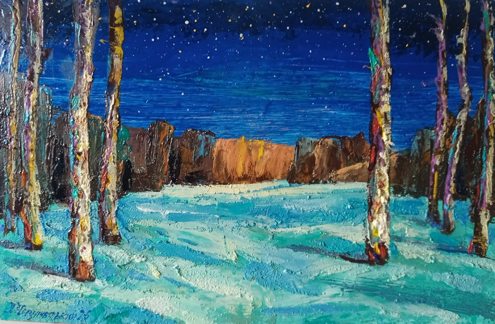 Night Winter Impasto Painting Original Art Impression Oil Painting 7.8 x 12.2 in