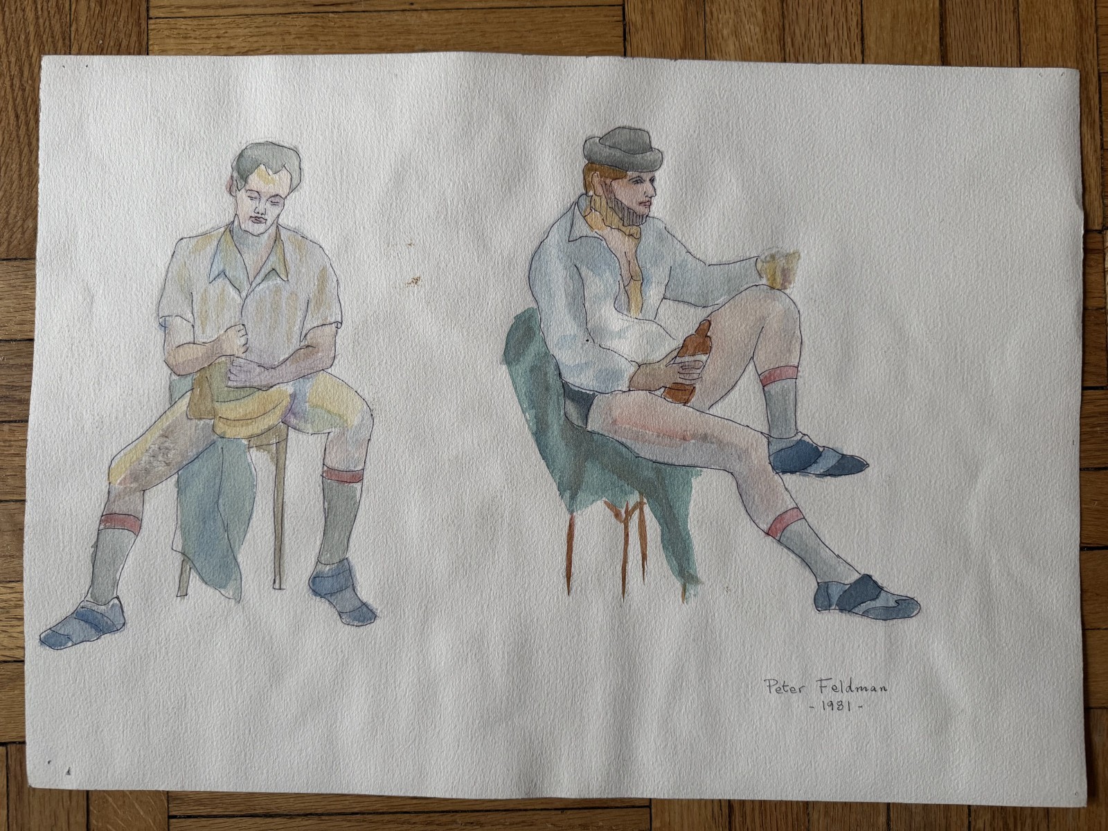 Vintage Watercolor Study Painting Two Men Two Poses Peter Feldman 15 x 20 1981