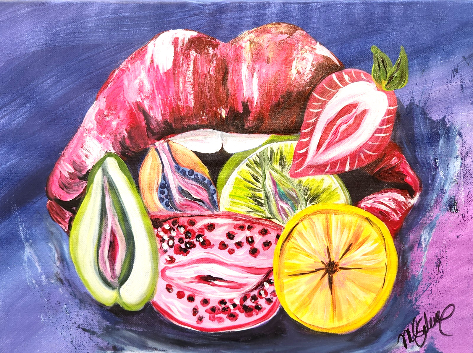 Forbidden Fruit Painting 16×12 Modern Pop Art Lips Wall Decor