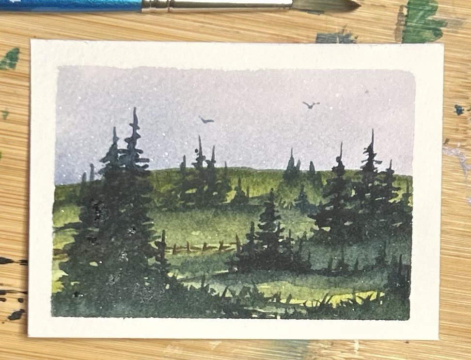 ACEO Blue Skies Series 2, Watercolor Landscape Painting By Sasha Lehto