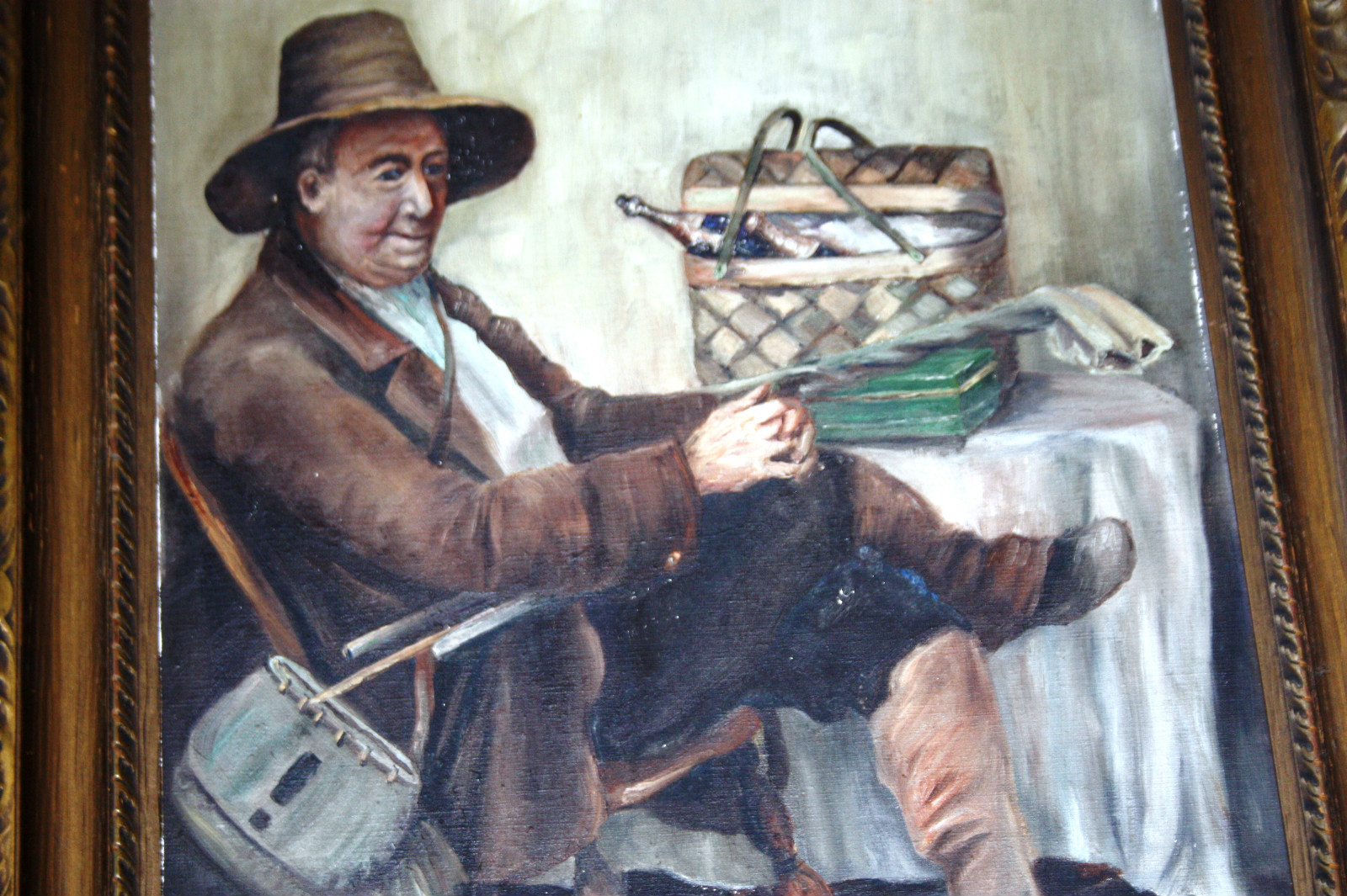 Waiting for the Fishing Party after LC Earle Vtg Antique Oil Painting Tobacco
