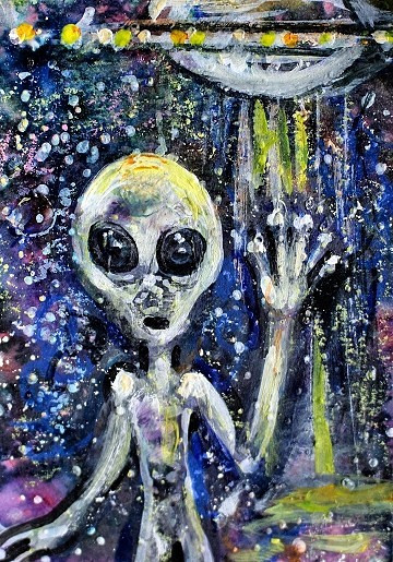Original ACEO Painting ALIEN Spaceship Stars ET Martian Universe UFO ATC ART