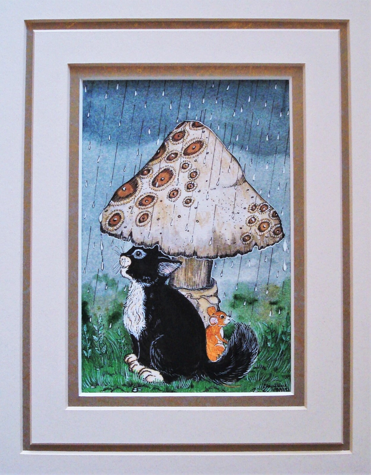 Signed CHEYENNE – Cat & Mouse, Giant Mushroom Watercolor/Gouache/Ink Painting