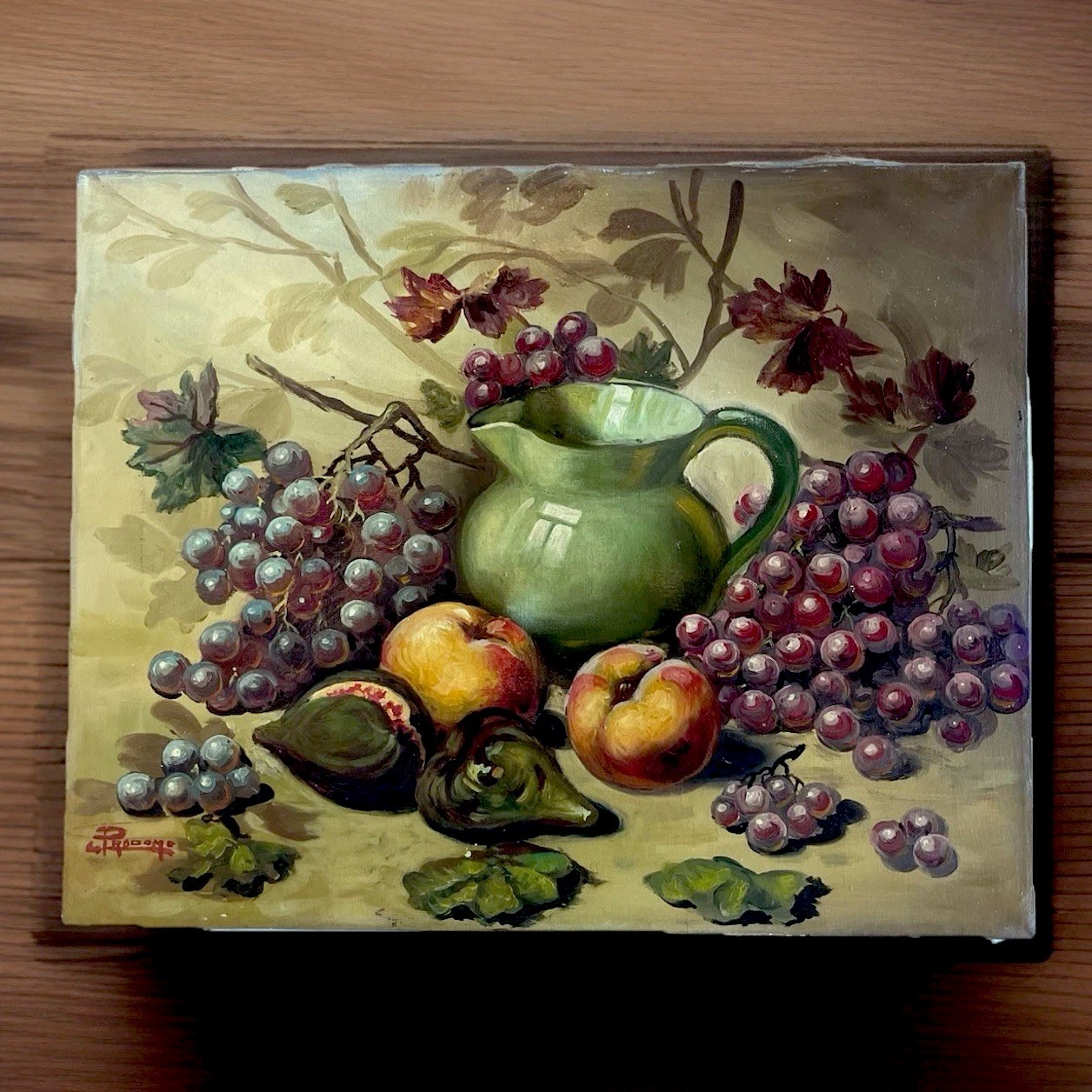 Original VTG Italian Canvas Still Life Fruit & Pitcher Oil Painting – G. Prodomo