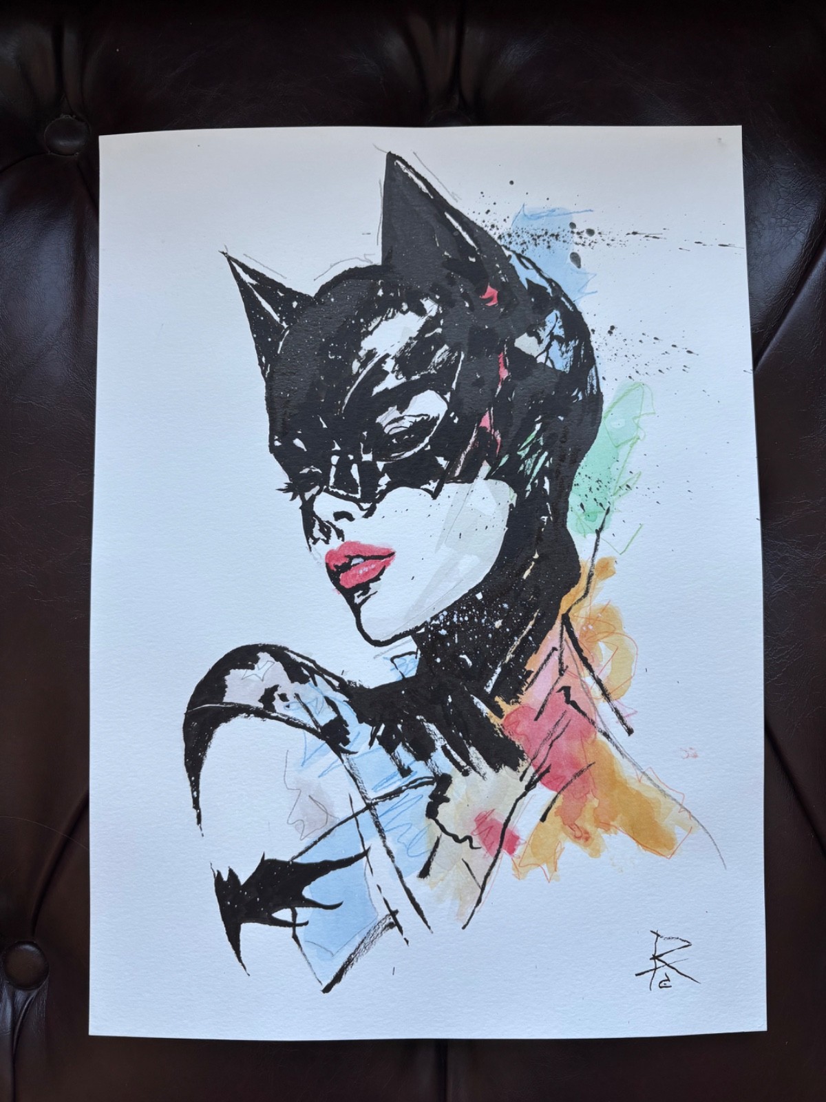 Catwoman 11×15 Original Watercolor & Ink Portrait Painting Pop Art Fashion