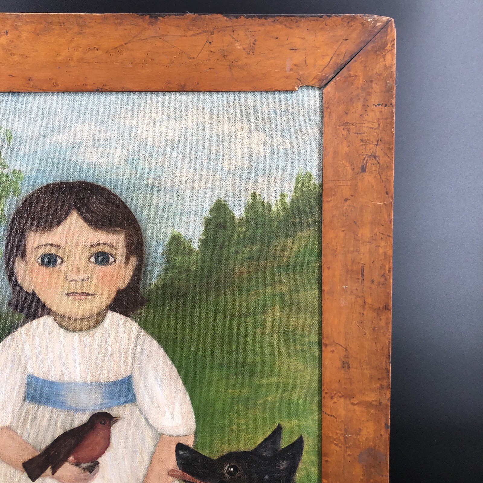 ‘Sarah’ 1980 Original Framed, Signed, Dated Girl /Bird/Dog Folk Art 25 X 20