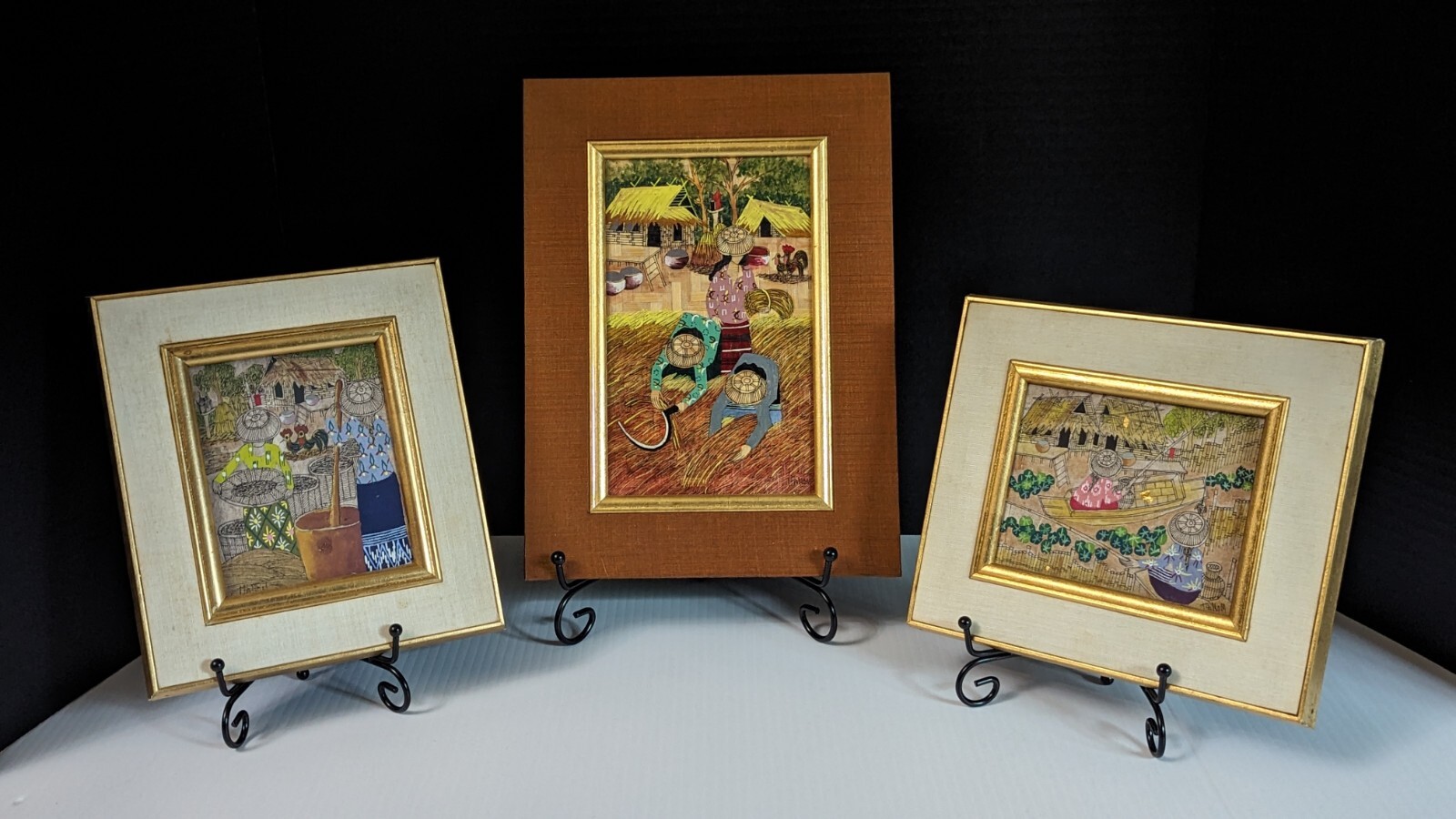 Set Of 3 Vintage Vietnamese Village Scene Paintings On Woven Leaf Mat -Signed