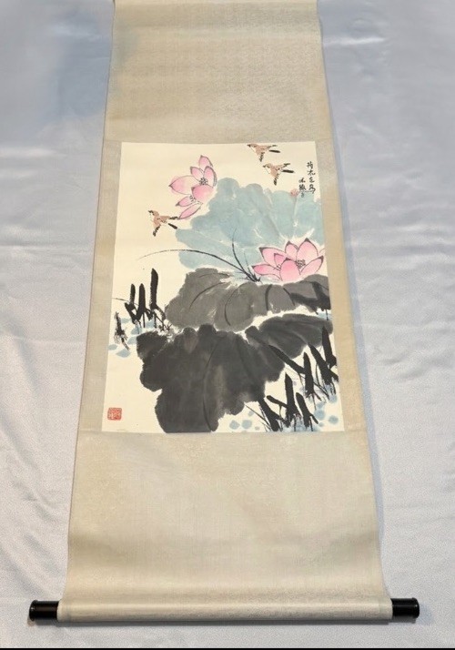 Vintage Chinese Hanging Scroll Lotus Birds Painting Silk Wall Art Signed