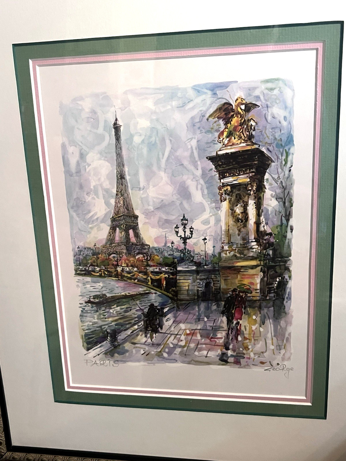 Paris Eiffel Tower Pont Alexandre Watercolor Print by ‘George’ Signed & Framed