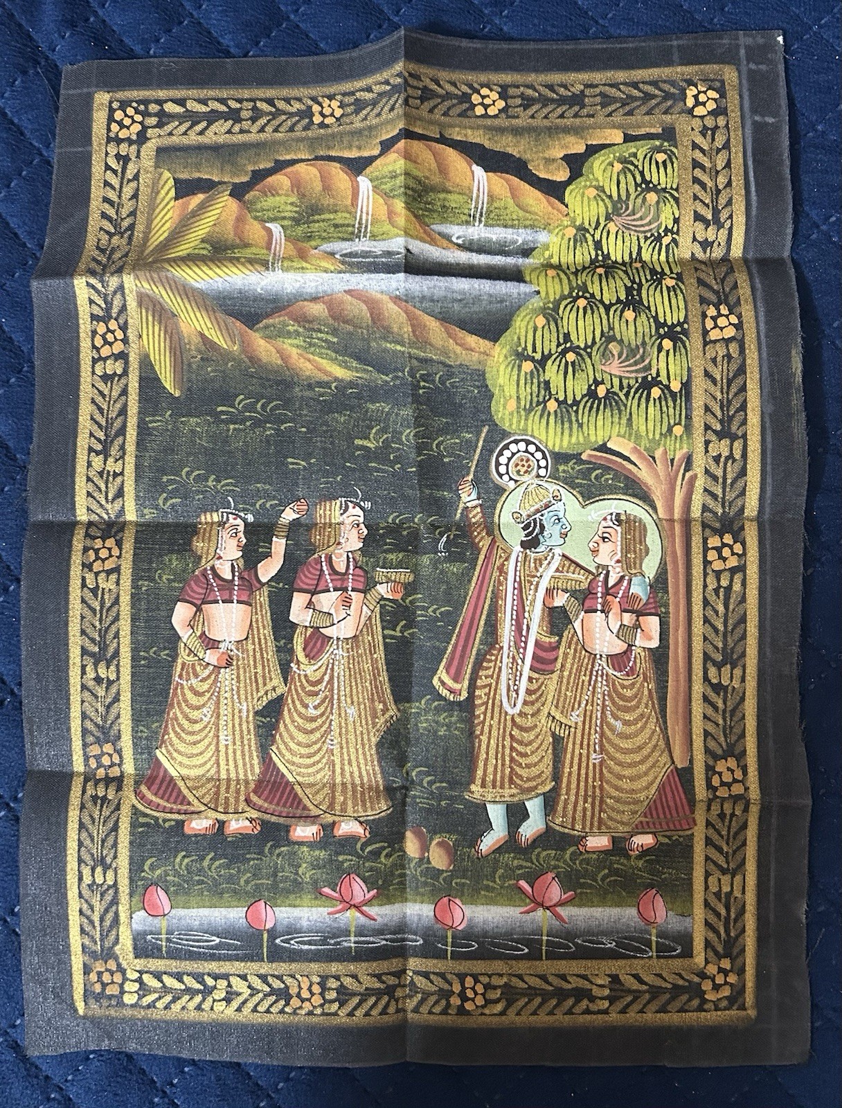 (BL) India vintage hand painting on cloth Radhakrishna & Gopi 9.4 x 12.5 Inches