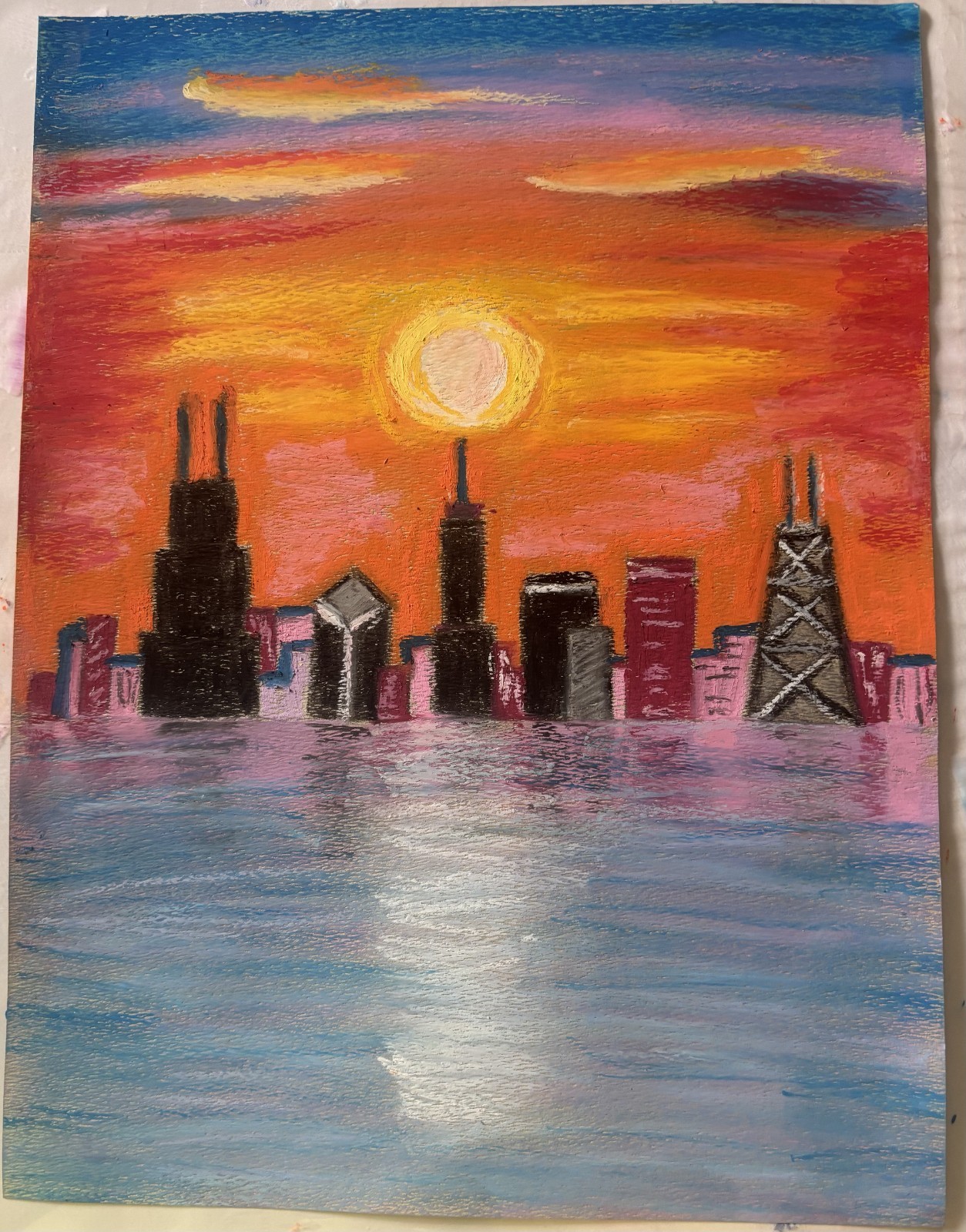 Original Signed Chicago Skyline Oil Pastel With Beautiful Color Contrast 9×12