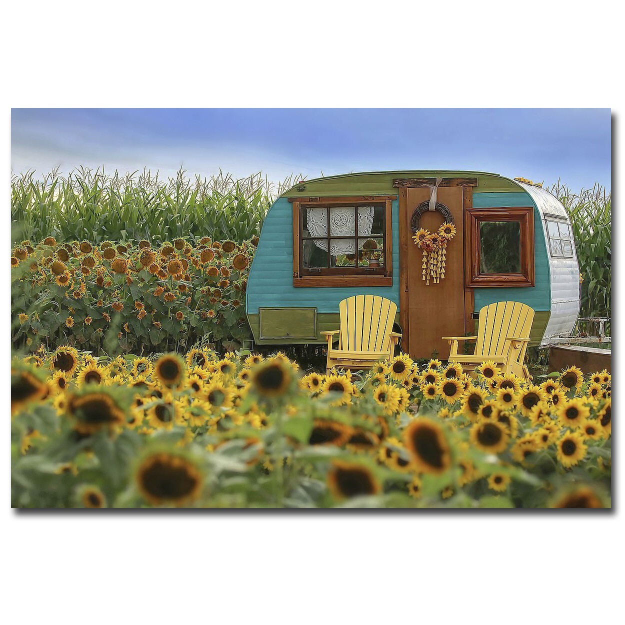 Vintage Camper and Sunflowers Gallery-Wrapped Canvas Giclee Art (24 in x 36 in)