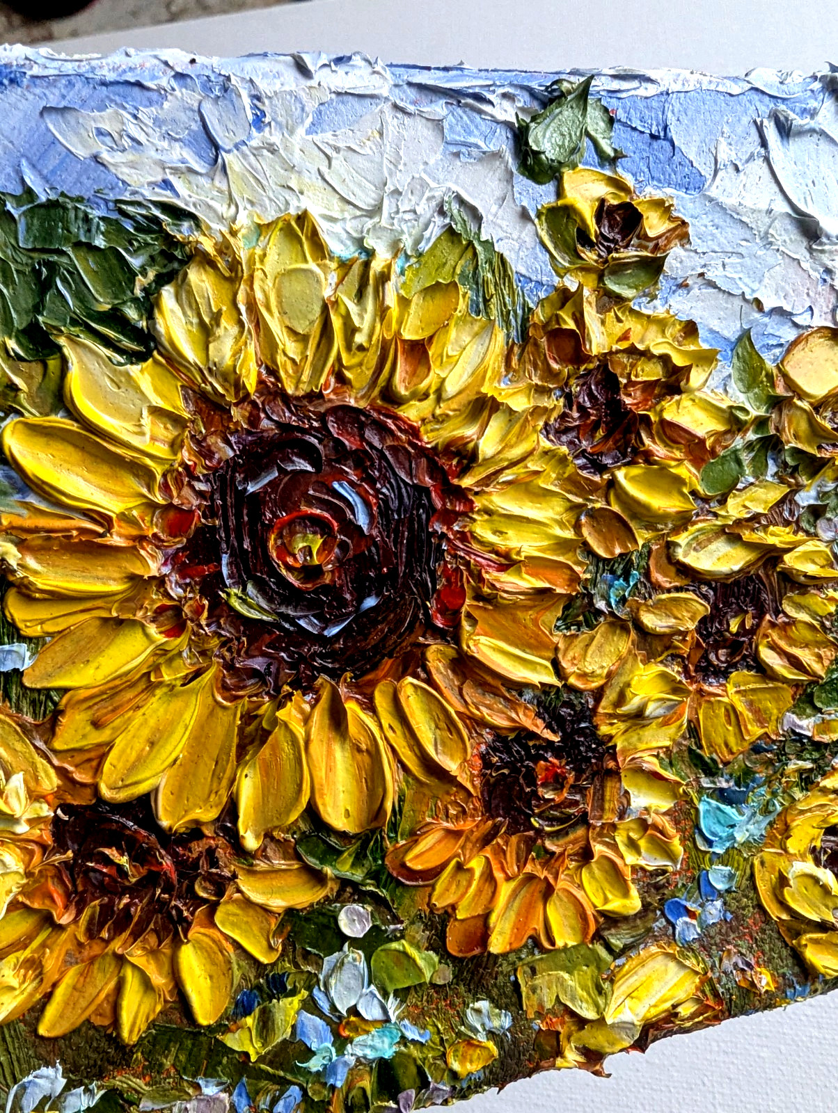 ORIGINAL OIL impasto Painting «Sunflowers» 4″X4″ X 1.5″ by Olga Diduh.