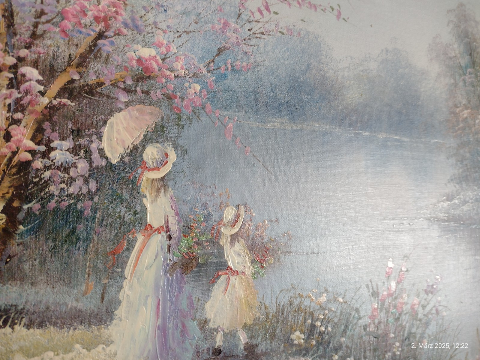 Original Oil Painting «Mother and Daughter at the Lake» by P. Minton, Signed