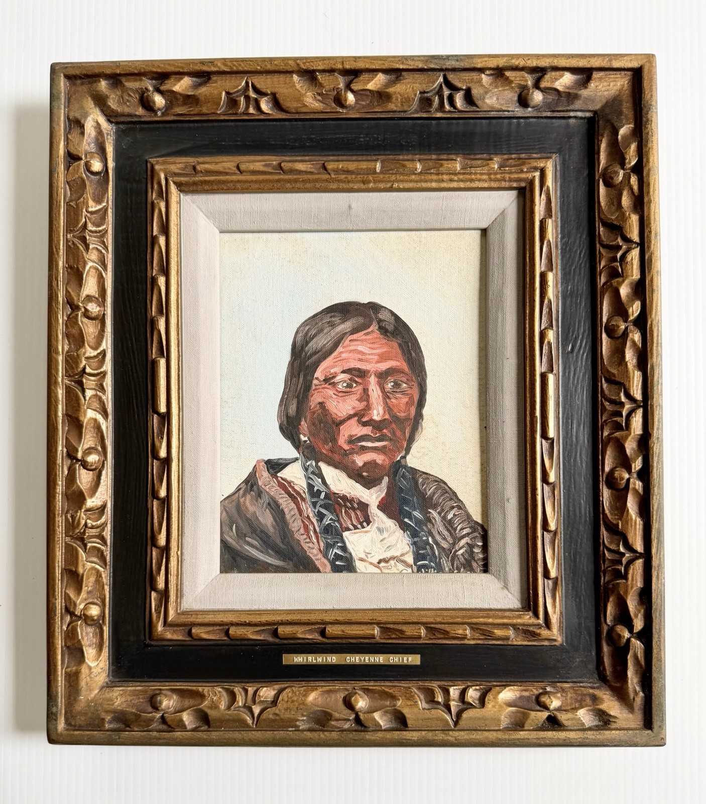 Vtg Oil Painting Of Native American Cheyenne Chief Whirlwind, Gold Frame, Signed