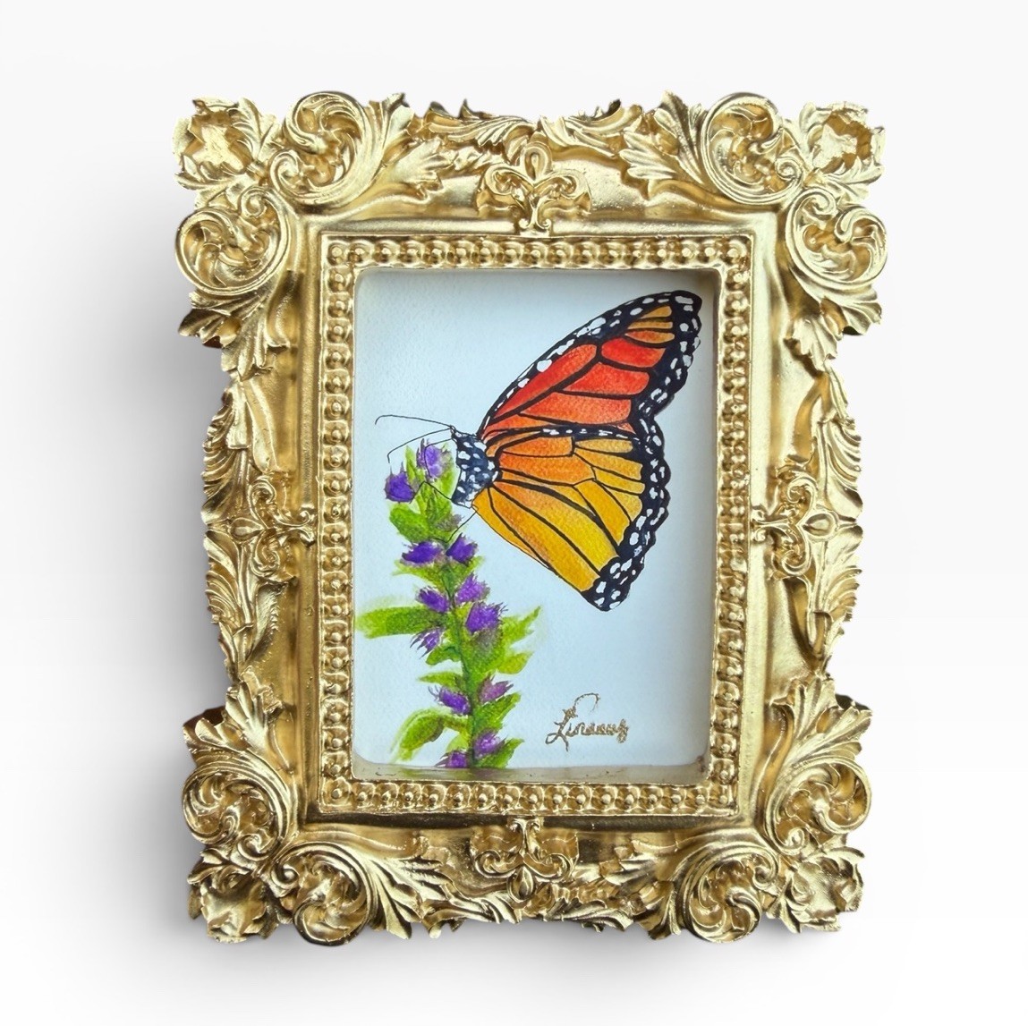 Monarch Butterfly and Lavender mini print in gold vintage style ornate frame