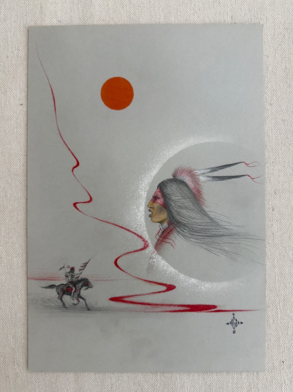 Vintage 1982 Johnny Tiger Jr. «Driving Spirit» Pencil and Acrylic on Art Board