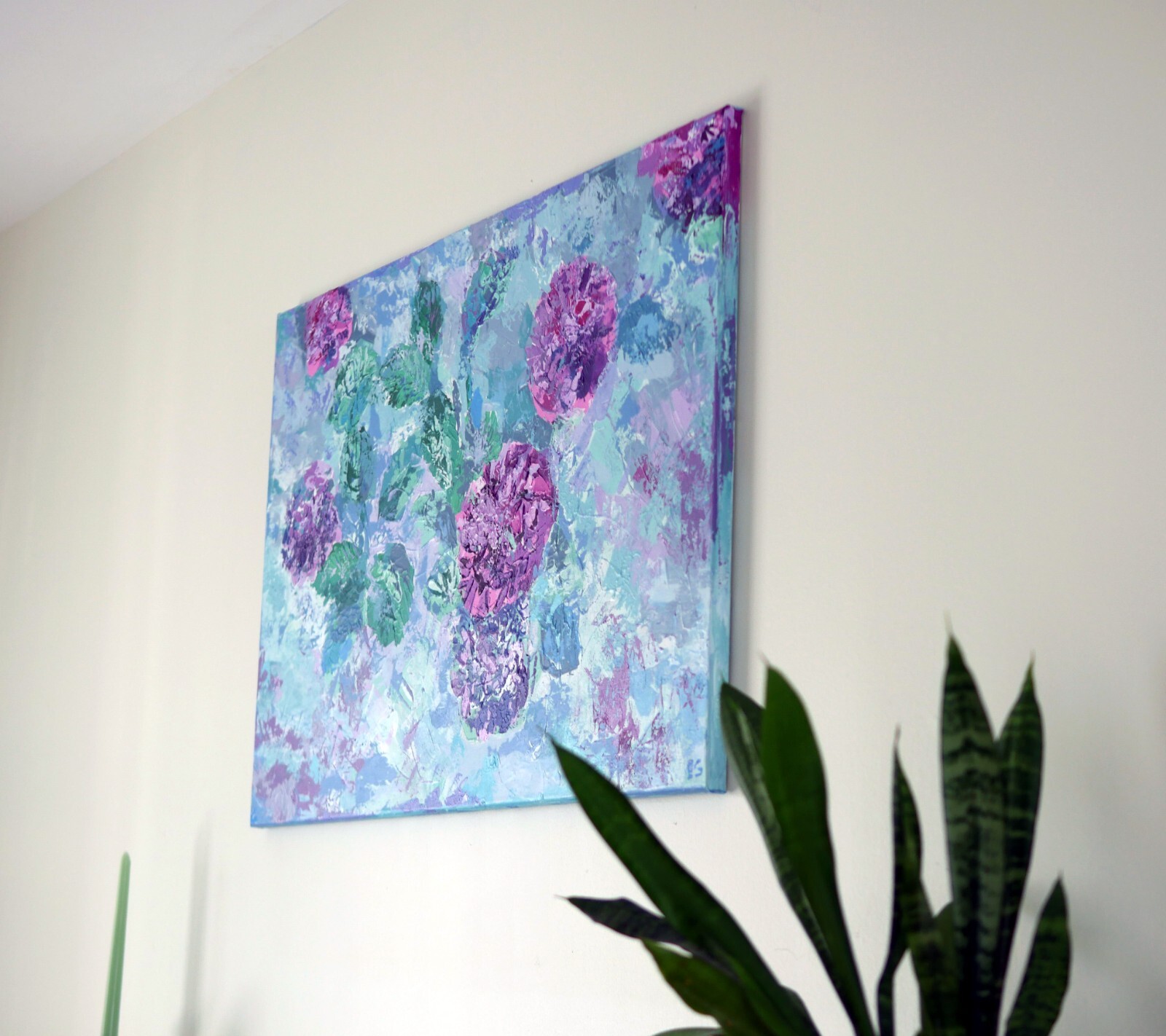 Hydrangea picture. Summer abstract flowers paint. Acrylic