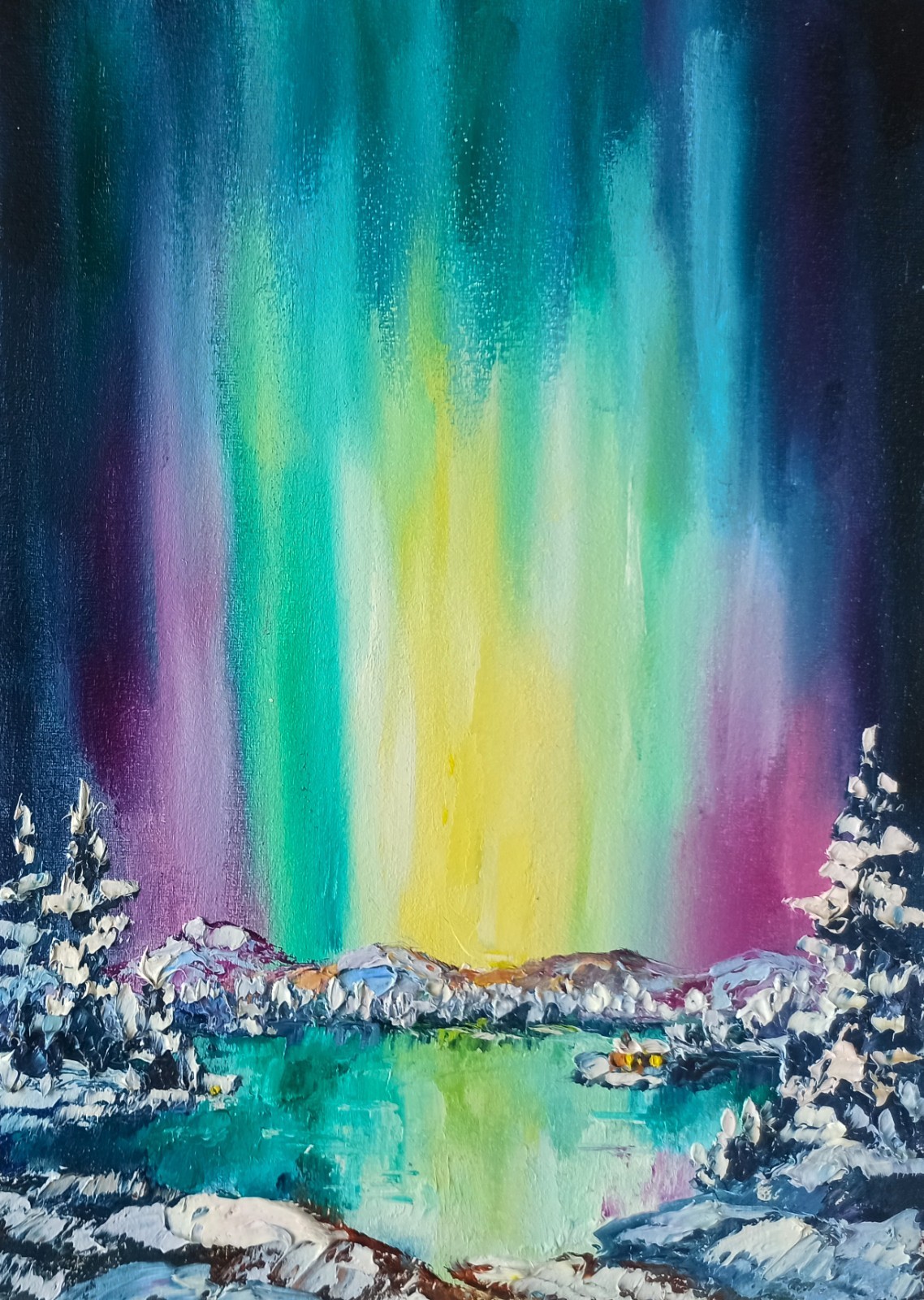Landscape Original Oil Painting Aurora Borealis on Canvas Board 35x25cm signed