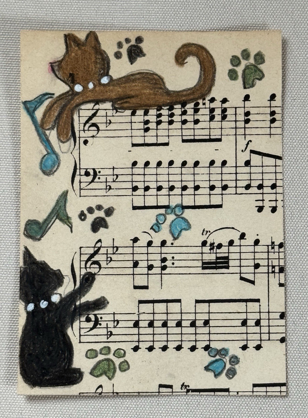 Aceo Original Art Trading Card, Black Cats With Piano Music, Art By Sommer Rayn