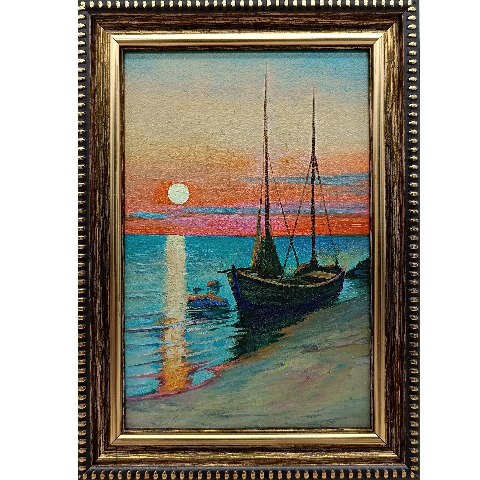Sunset Boat Original Oil Painting 4×6 Framed Signed Seascape Coastal Wall Art