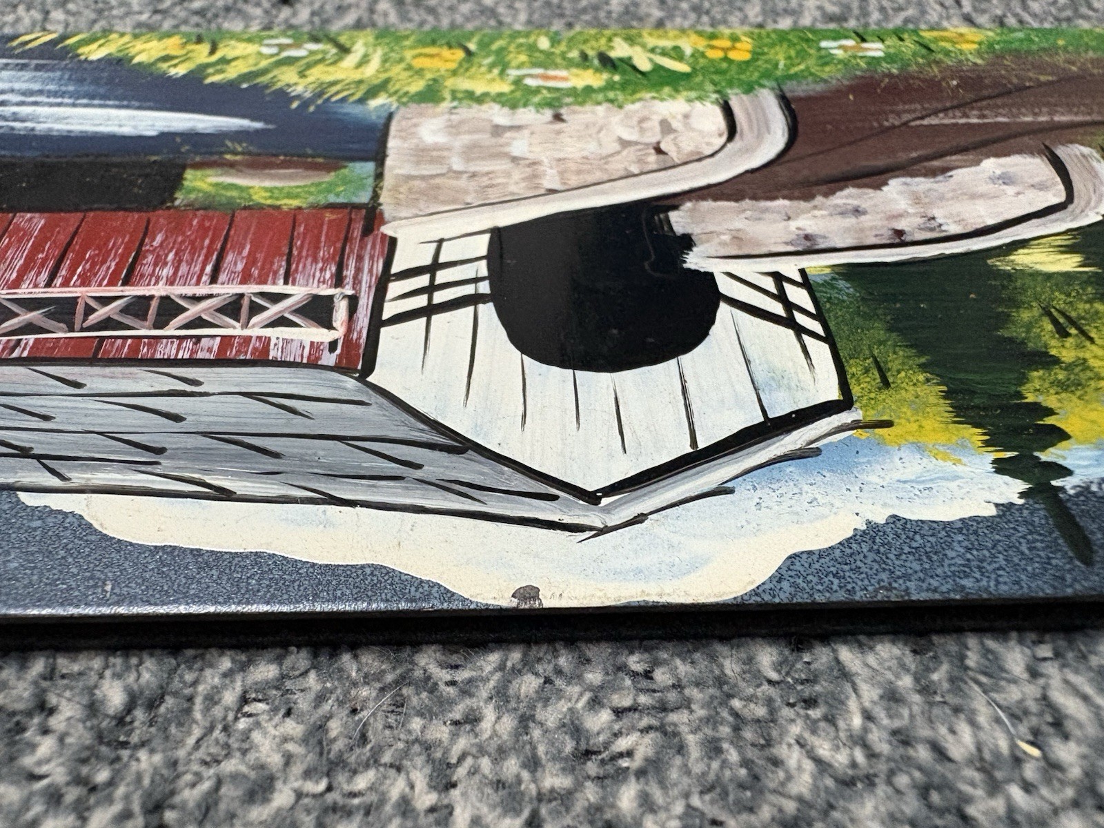 Painted Chainsaw Bar – Church/Covered Bridge/Water Mill Scene Folk Art 22-1/2″