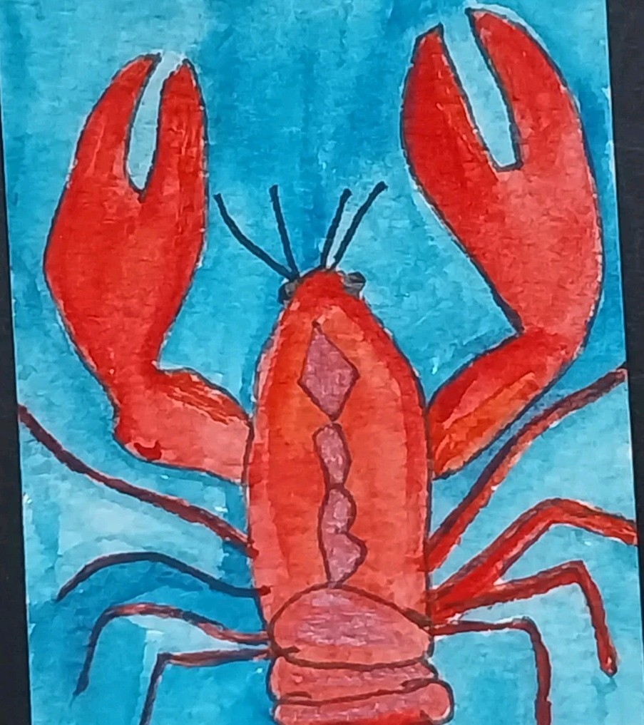 ACEO Original Art Card ATC Watercolor OOAK Signed Crawfish Lobster Crawdad = GAT